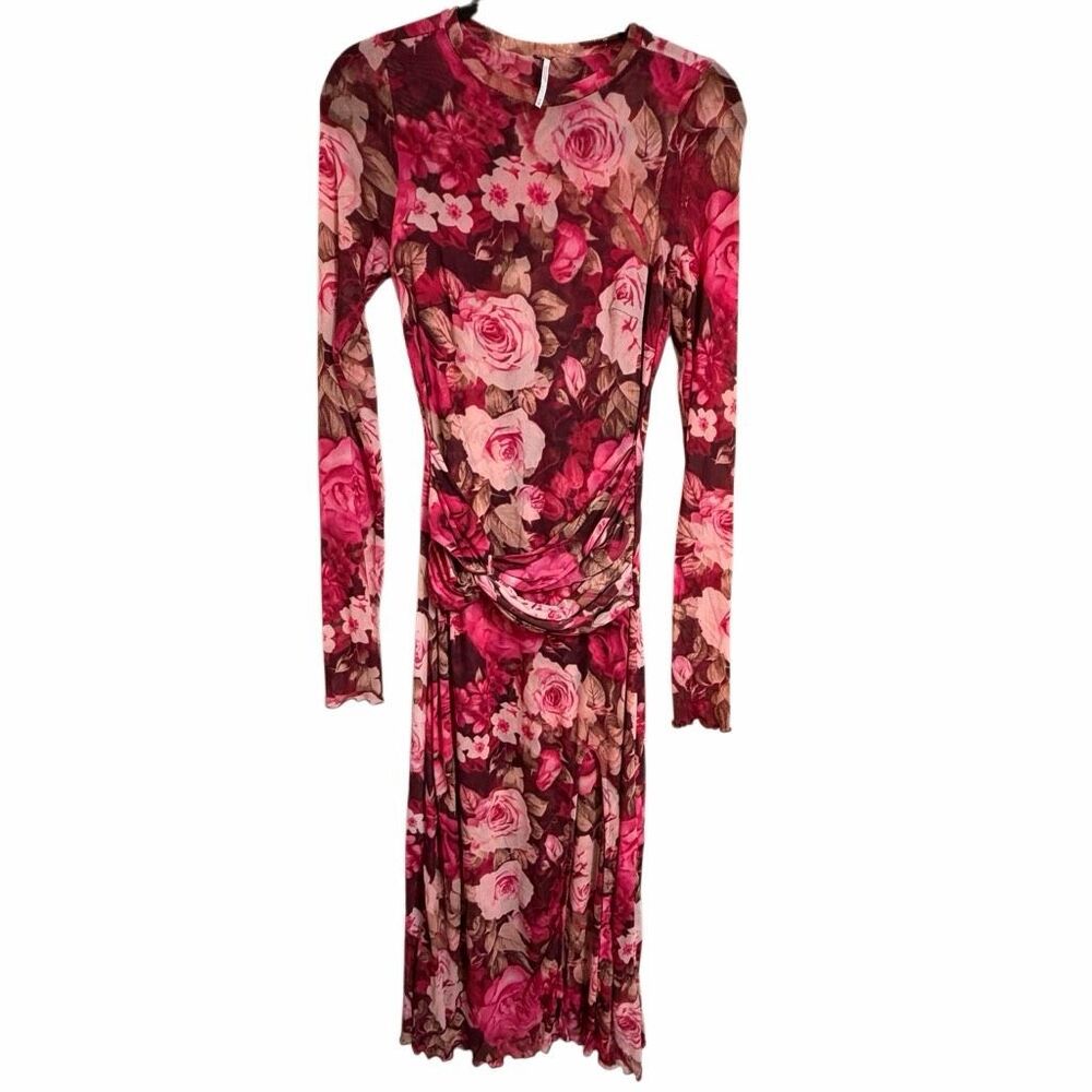 Free People Gianni Rose Floral Mesh Pink Long Sleeve Maxi Dress Medium